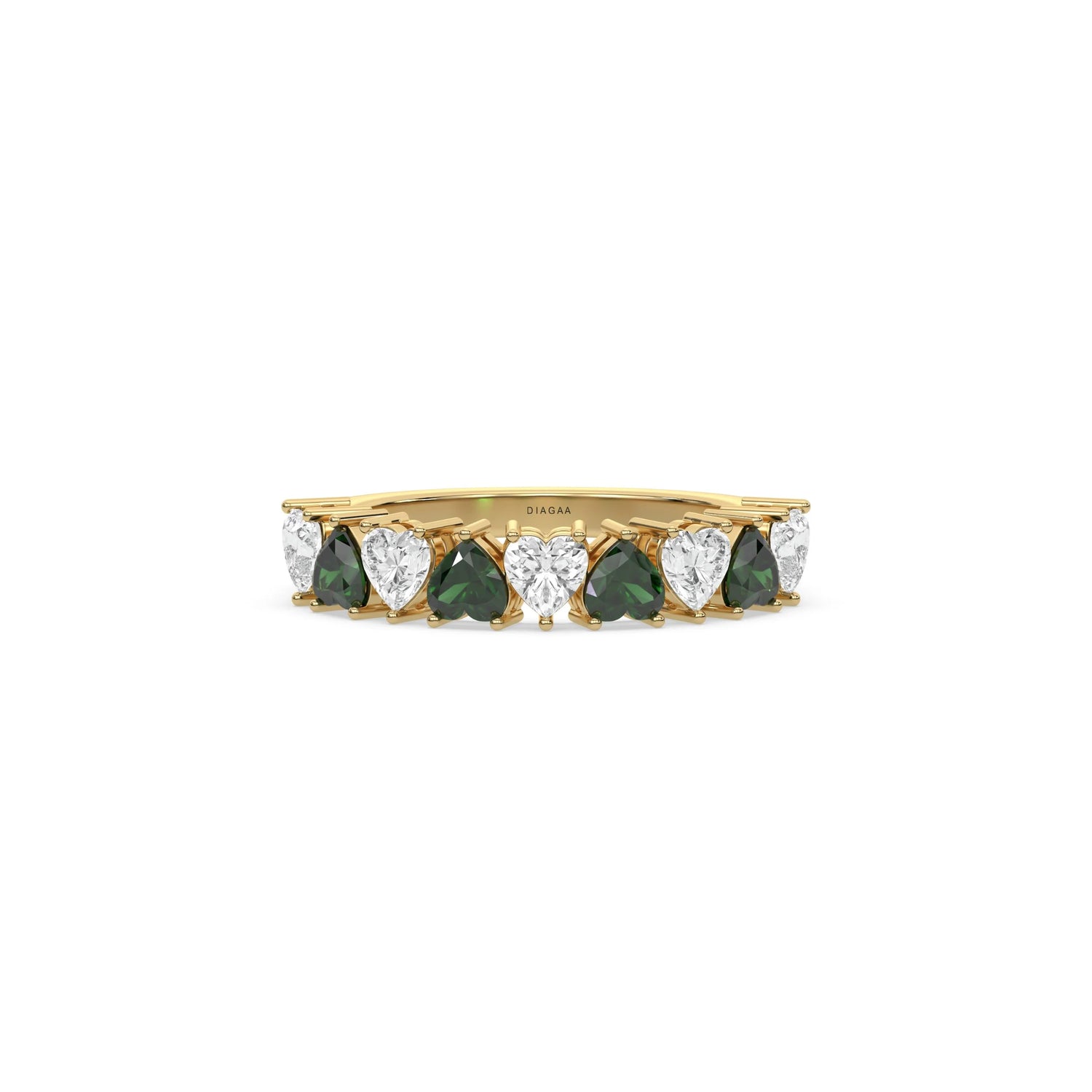 18K Yellow Gold Heart Cut Emerald Gemstone Half Eternity Ring 