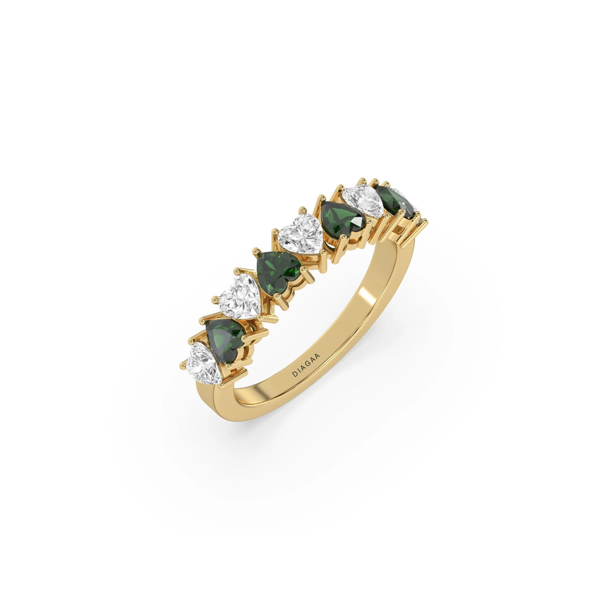14K Yellow Gold Heart Emerald Gemstone and Diamond Eternity Ring