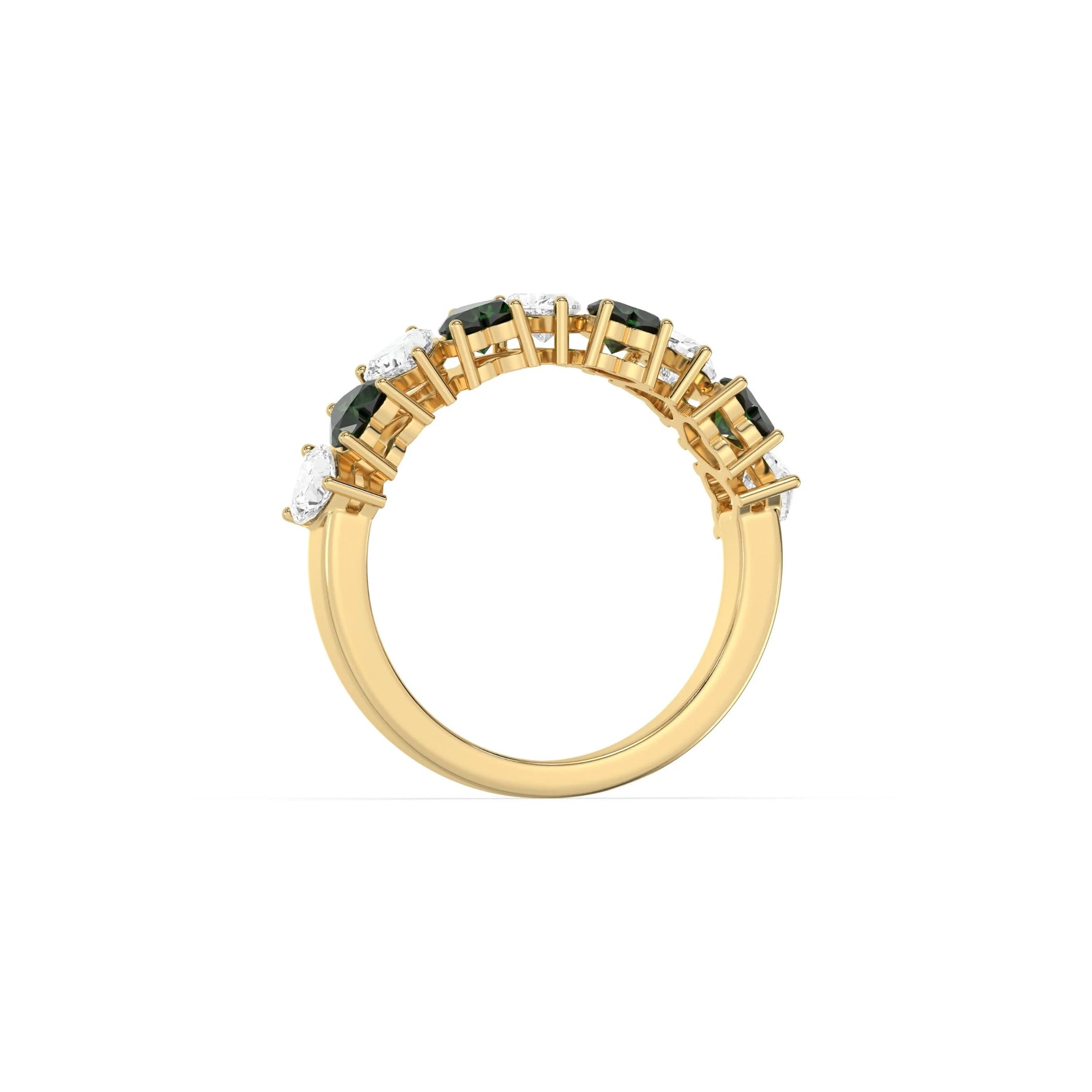 10K Yellow Gold Heart Emerald Gemstone and Diamond Eternity Ring