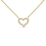 This yellow gold pendant is shaped like a heart, made with round diamonds in pave setting in top view