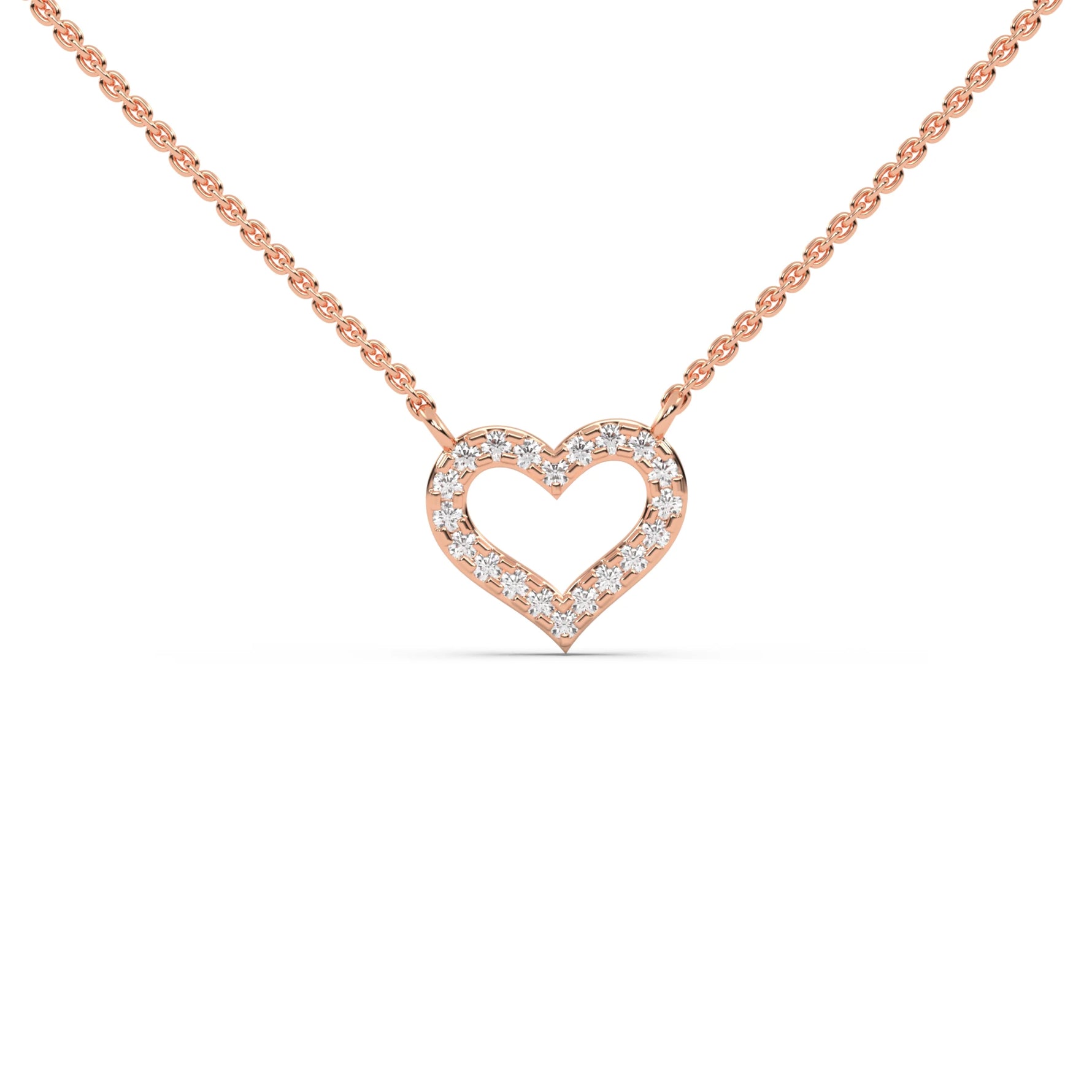 This rose gold pendant is shaped like a heart, made with round diamonds in pave setting in top view