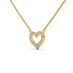 This yellow gold pendant is shaped like a heart, made with round diamonds in pave setting in side view