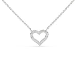 This white gold pendant is shaped like a heart, made with round diamonds in pave setting in top view