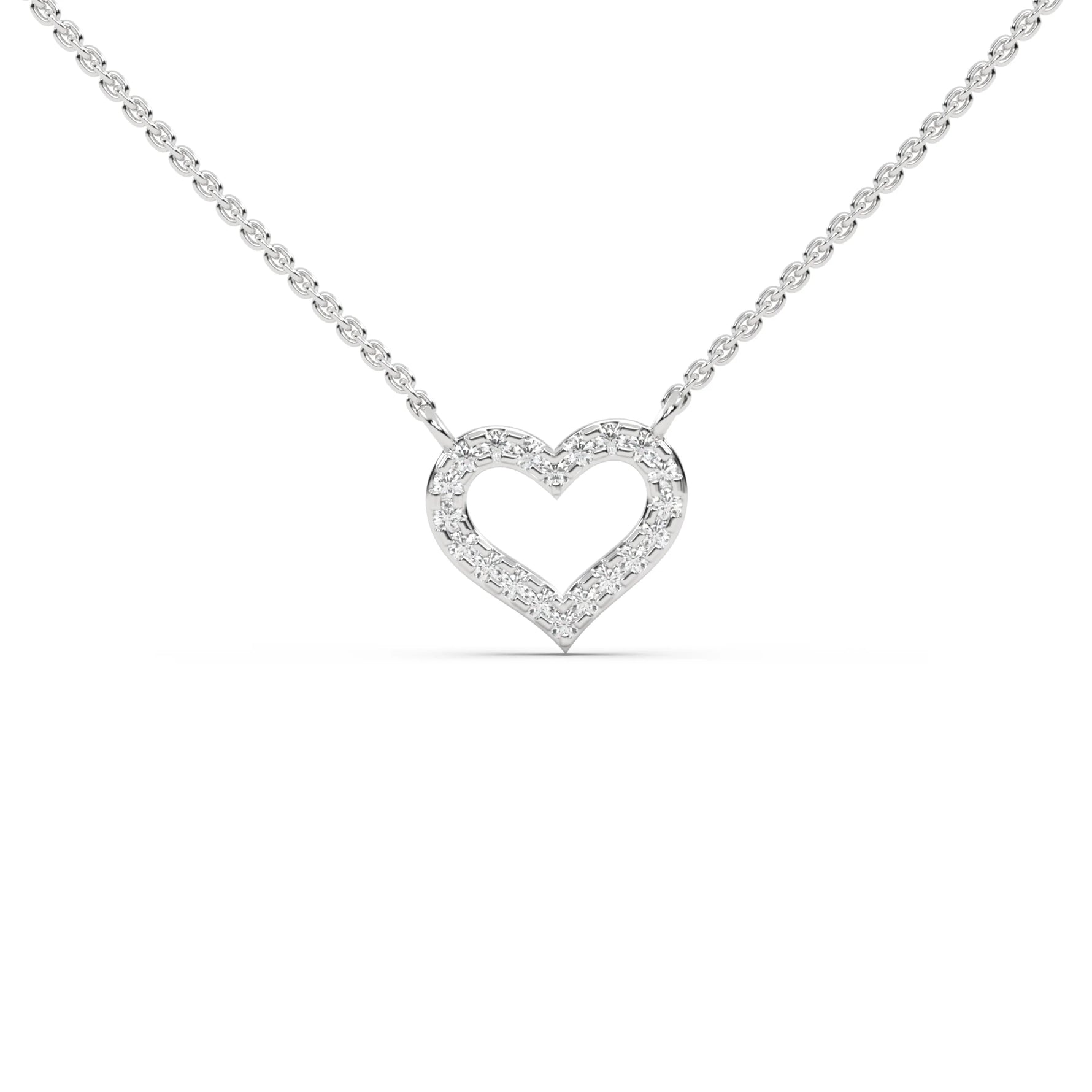 This white gold pendant is shaped like a heart, made with round diamonds in pave setting in top view