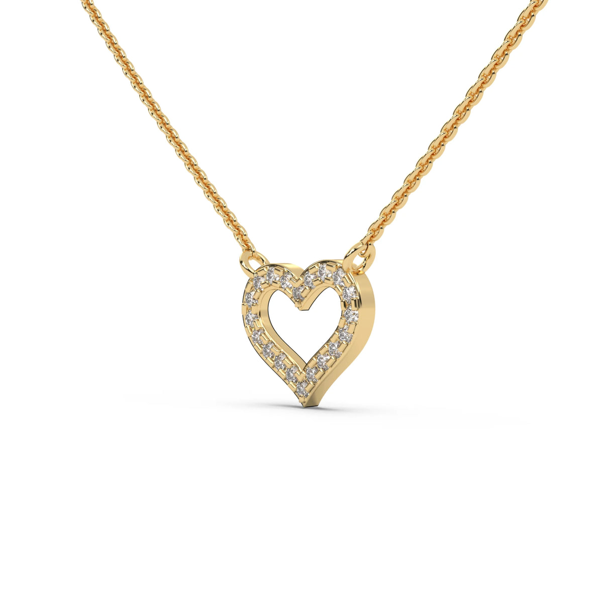 This yellow gold pendant is shaped like a heart, made with round diamonds in pave setting in side view