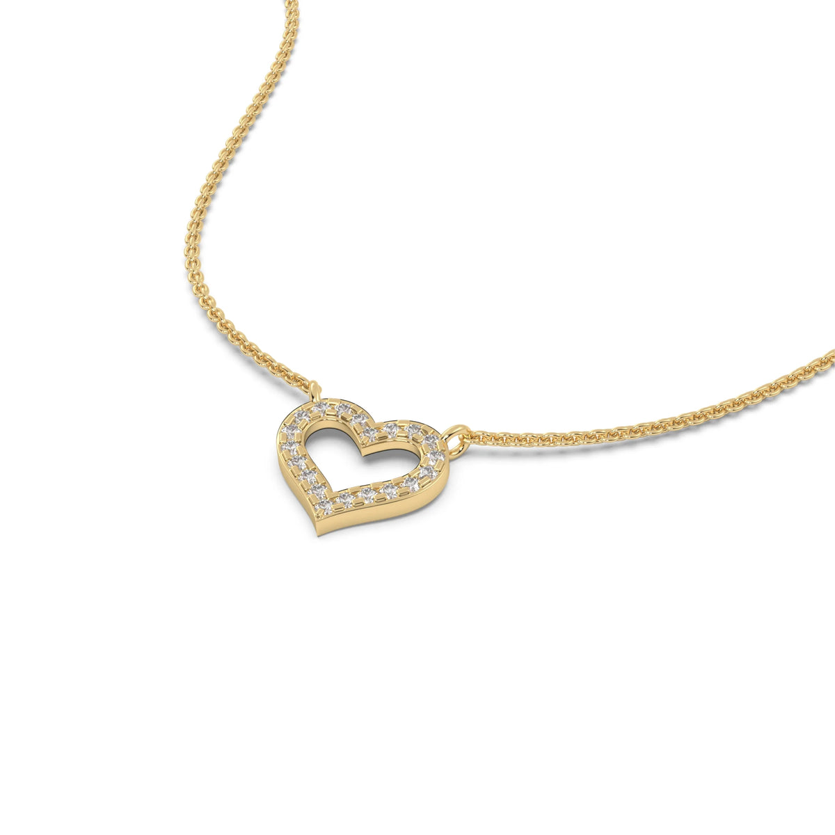 This yellow gold pendant is shaped like a heart, made with round diamonds in pave setting in 3D view