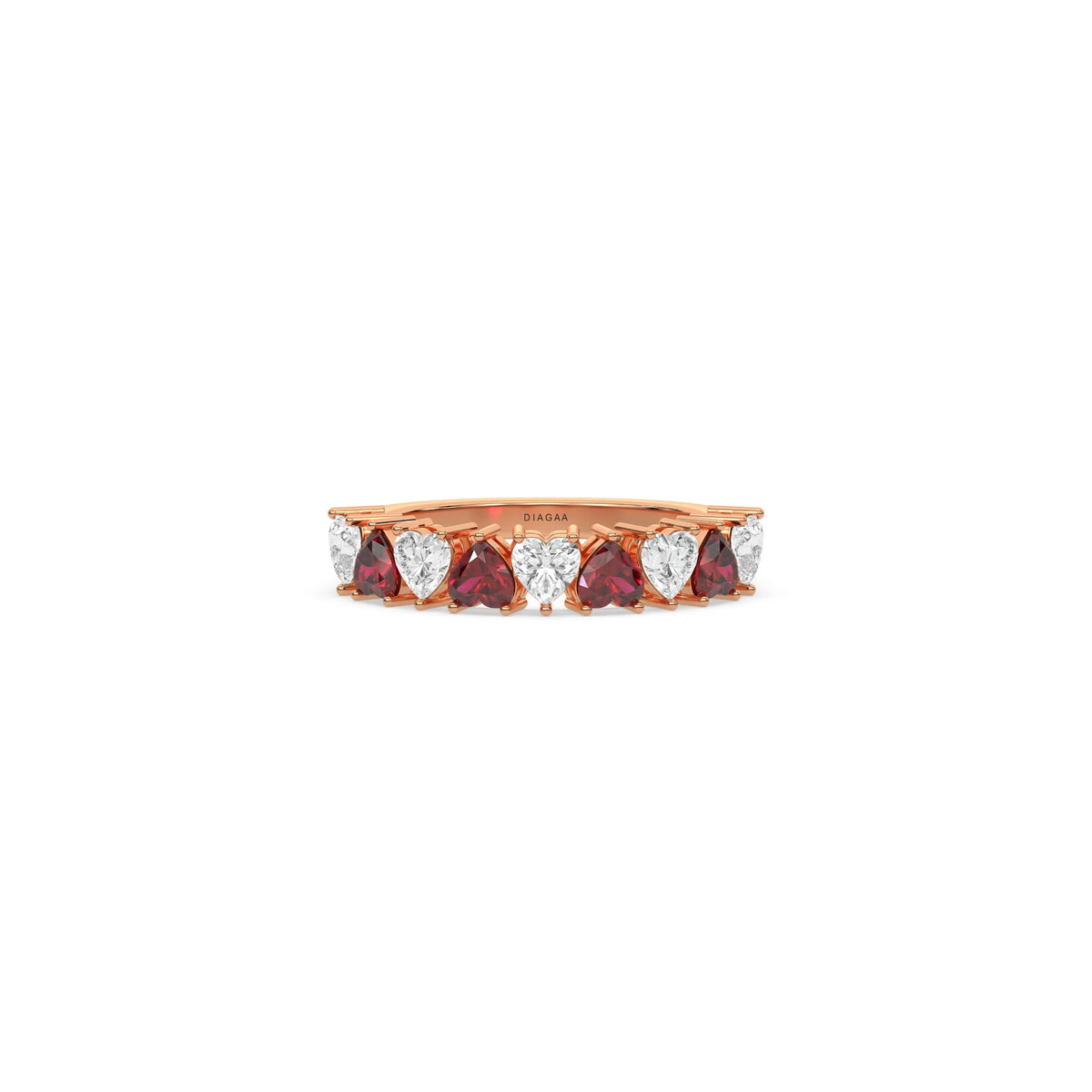 18K Rose Gold Heart Ruby Gemstone and Diamond Eternity Ring