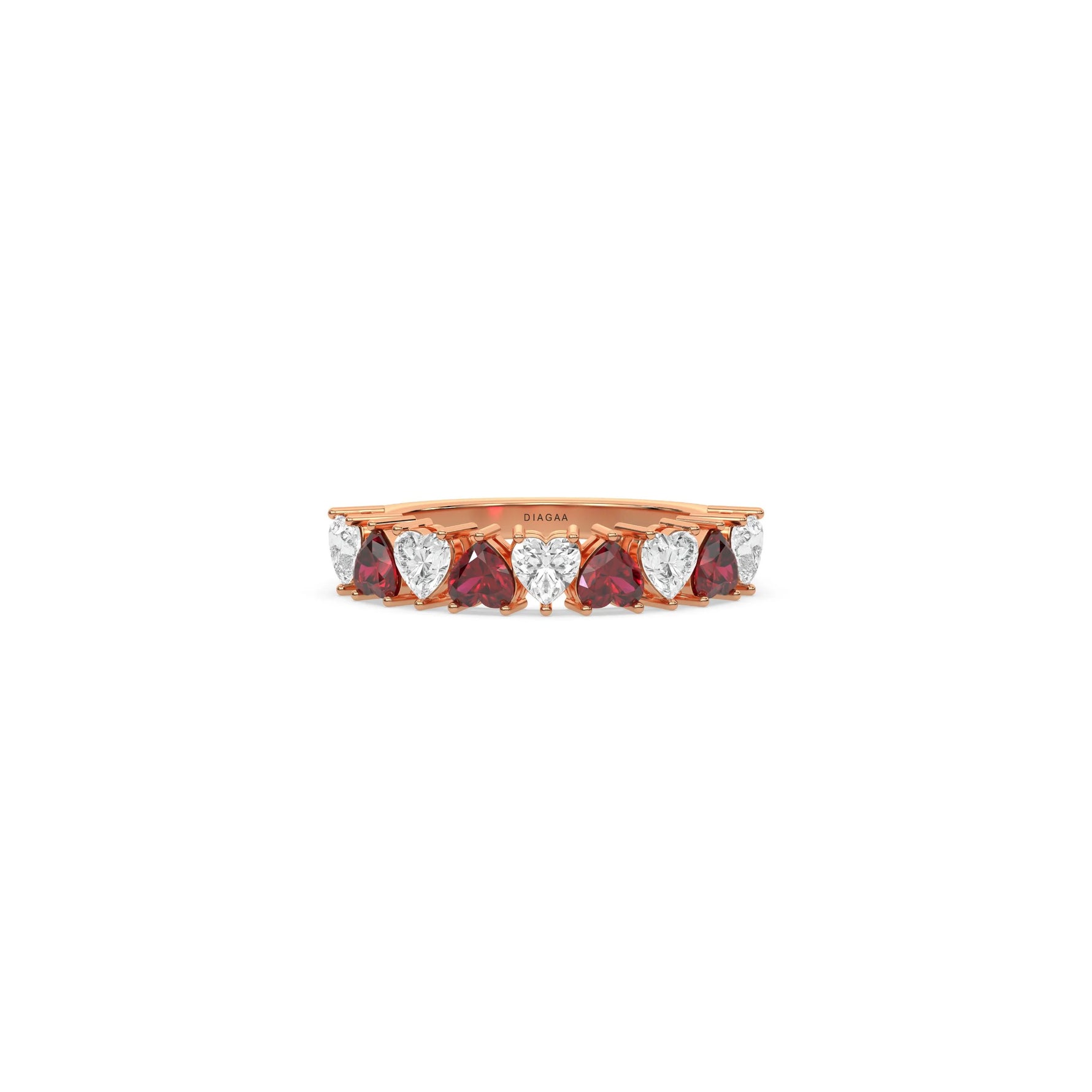 18K Rose Gold Heart Ruby Gemstone and Diamond Eternity Ring