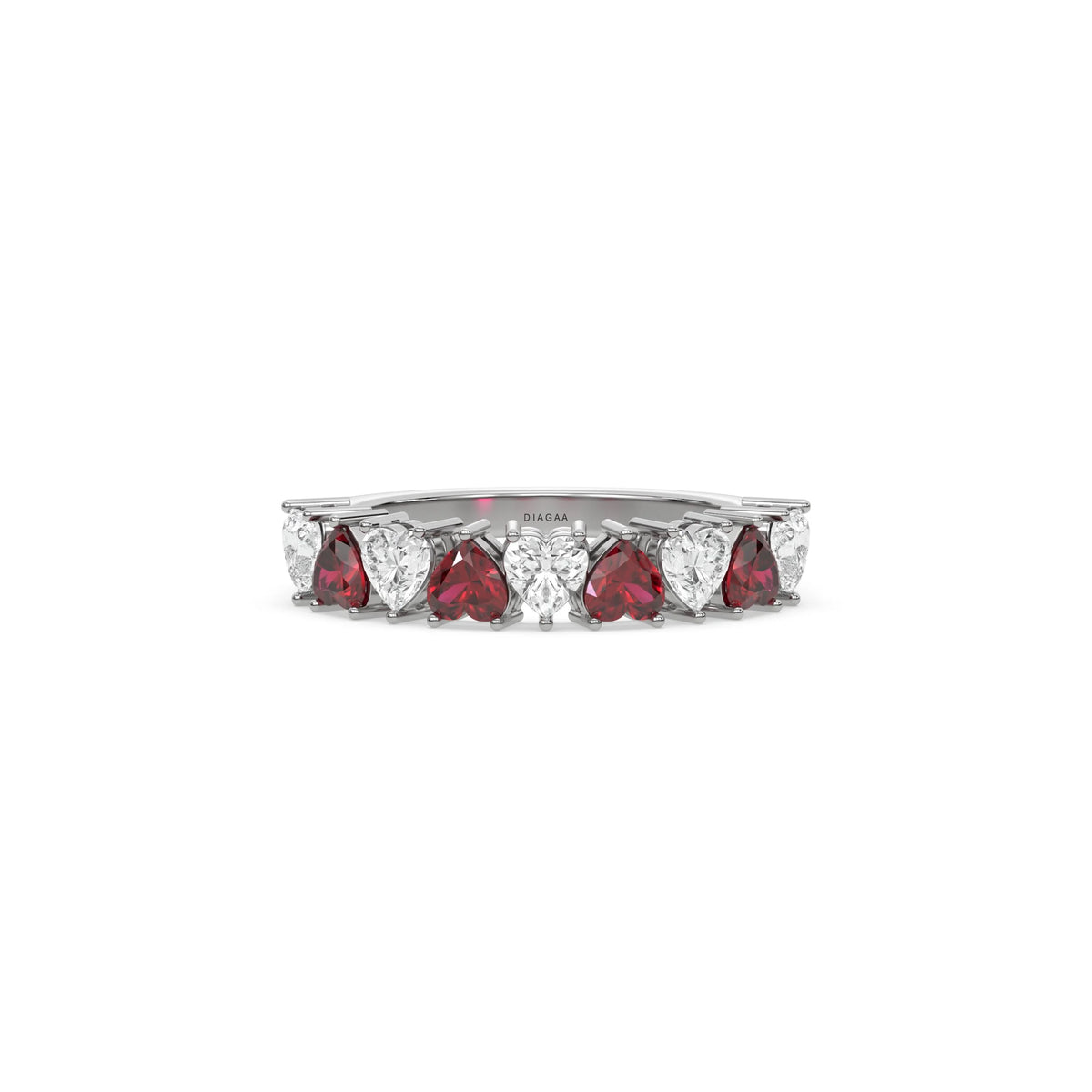 18K White Gold Heart Ruby Gemstone and Diamond Eternity Ring