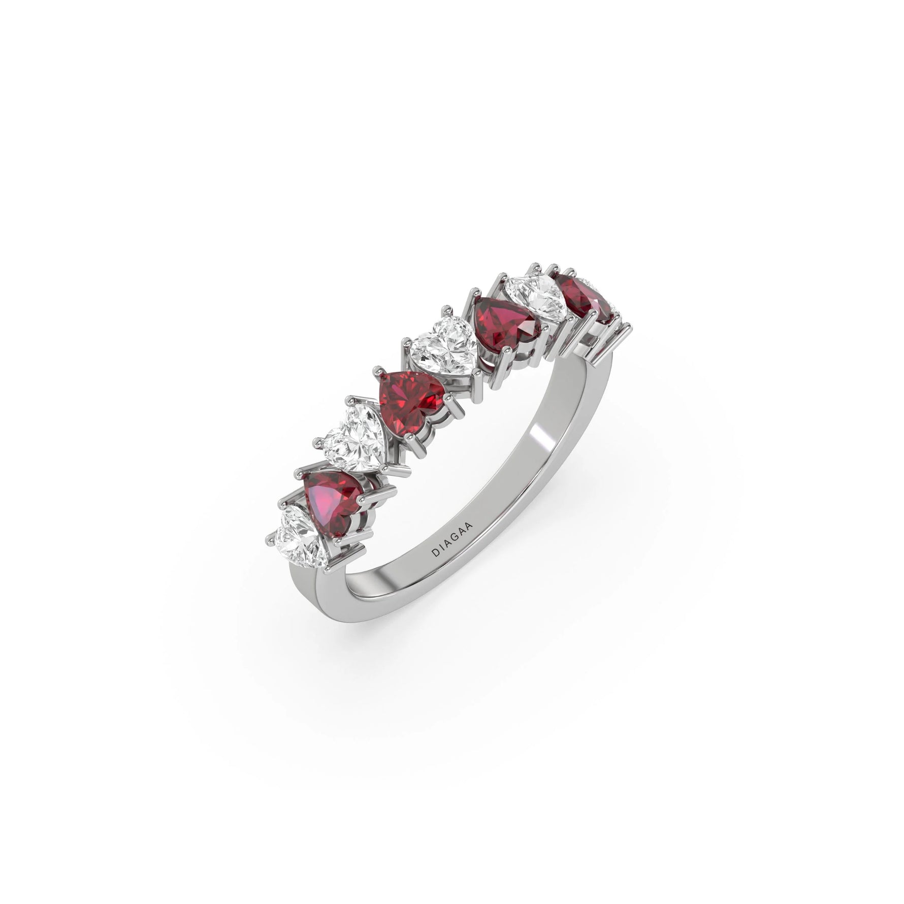 14K White Gold Heart Ruby Gemstone and Diamond Eternity Ring