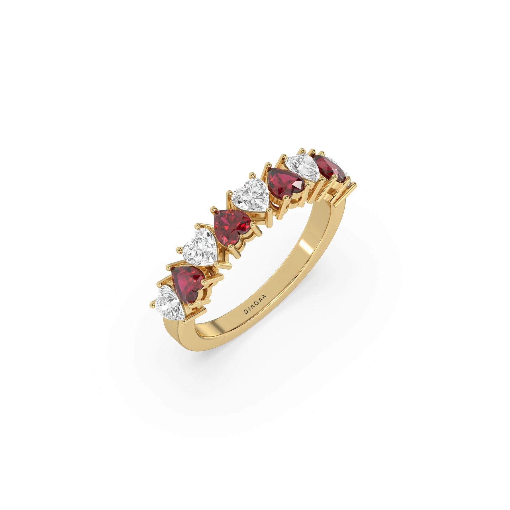 14K Yellow Gold Heart Ruby Gemstone and Diamond Eternity Ring