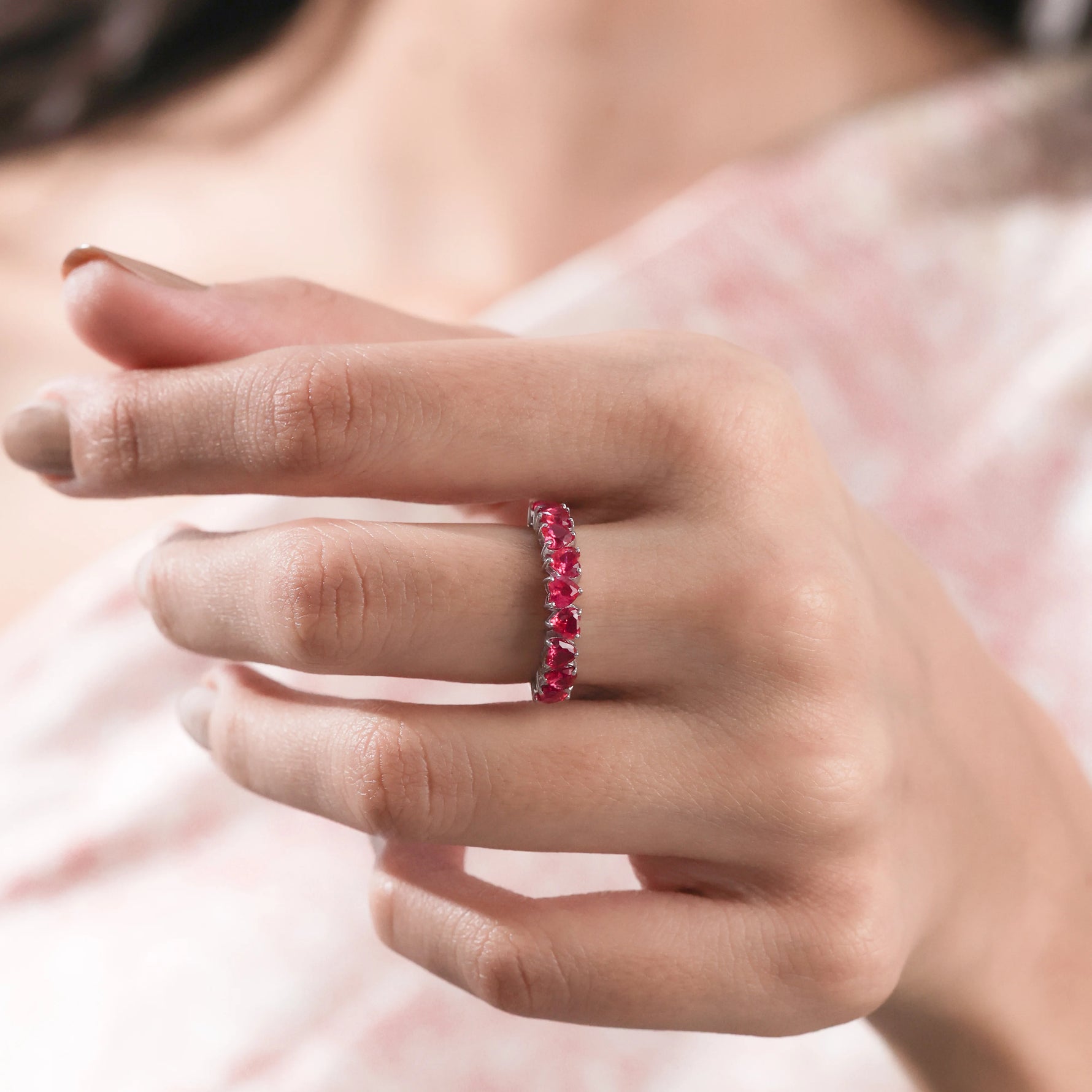 14K Gold  Heart Cut Ruby Gemstone Full Eternity Ring