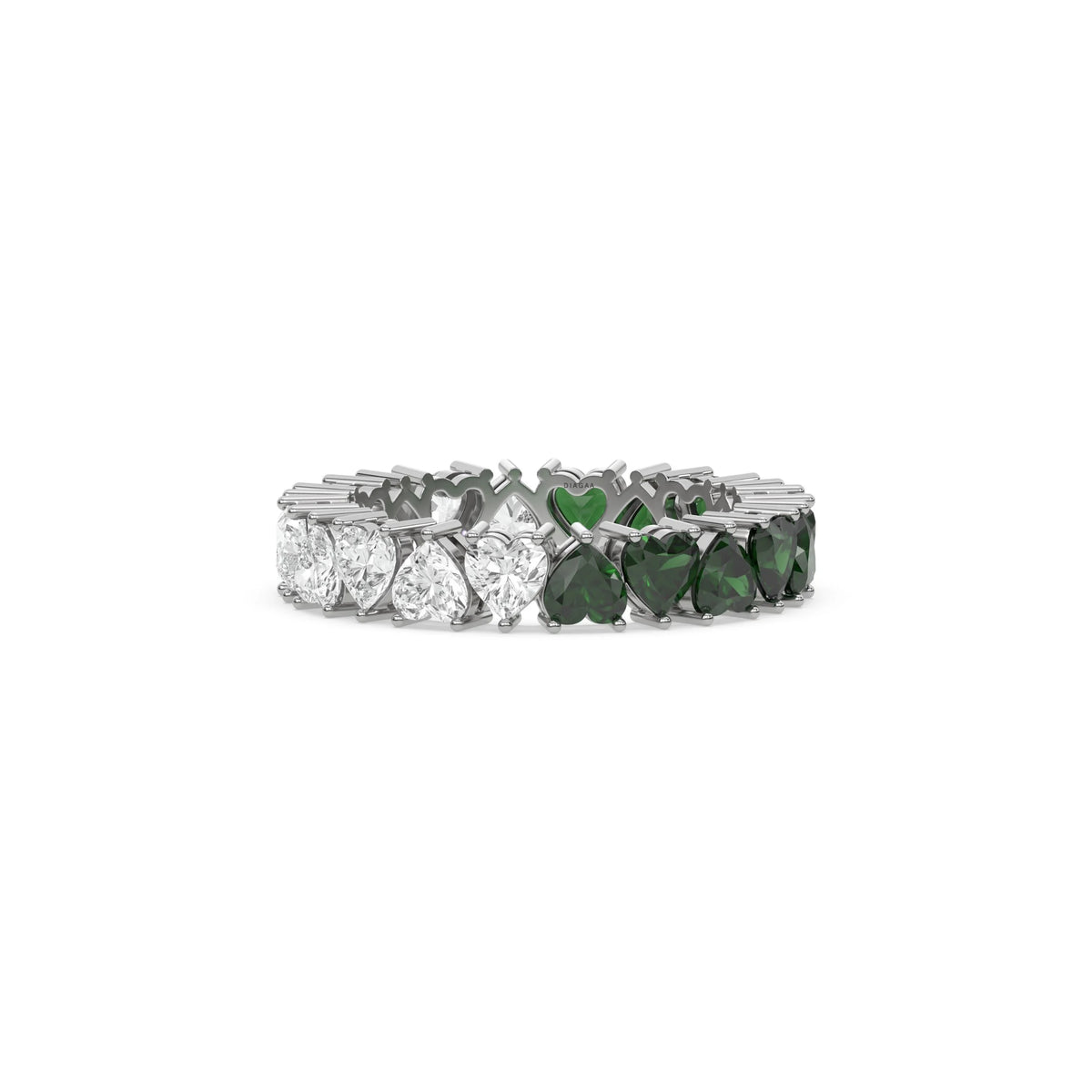 18K White Gold Heart Emerald Gemstone and Diamond Eternity Ring