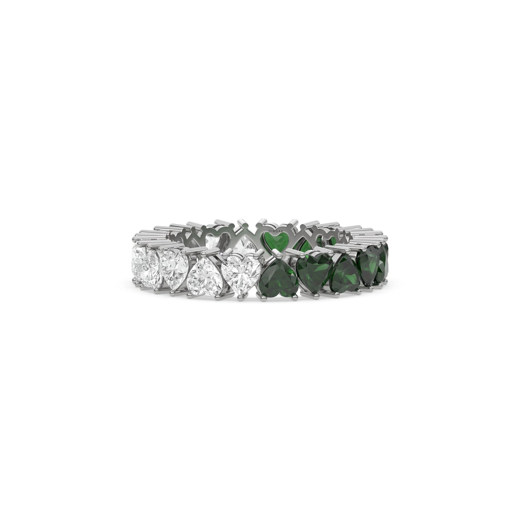 14K White Gold Heart Diamond Emerald Gemstone Eternity Ring