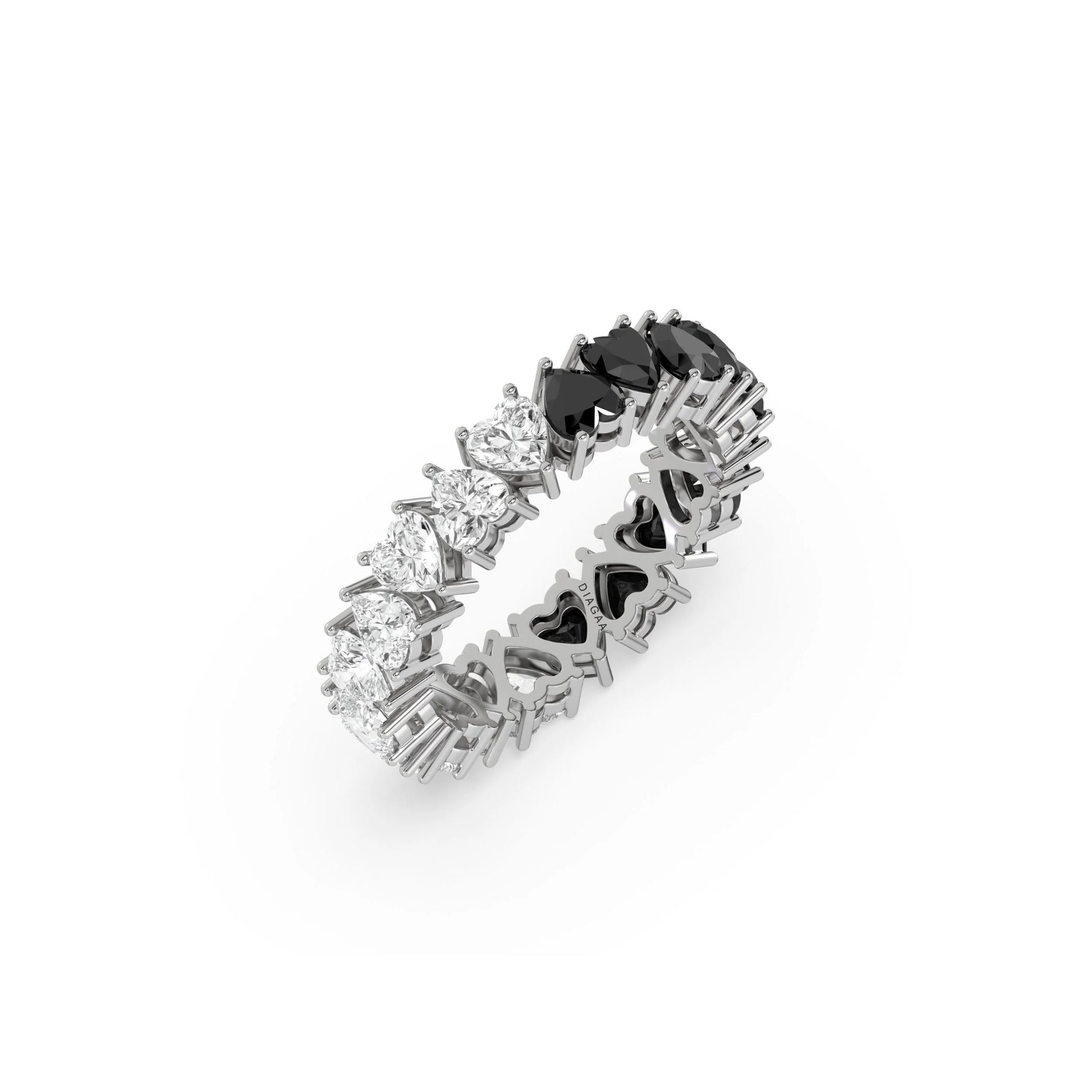 14K White Gold Heart Black And White Diamond Eternity Ring