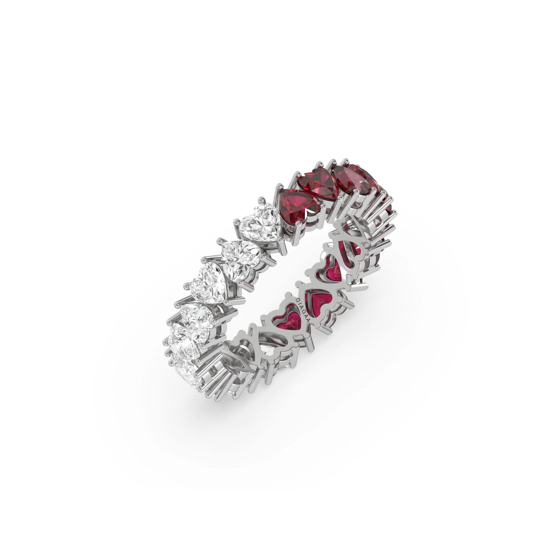 14K White Gold Heart Ruby Gemstone and Diamond Eternity Ring
