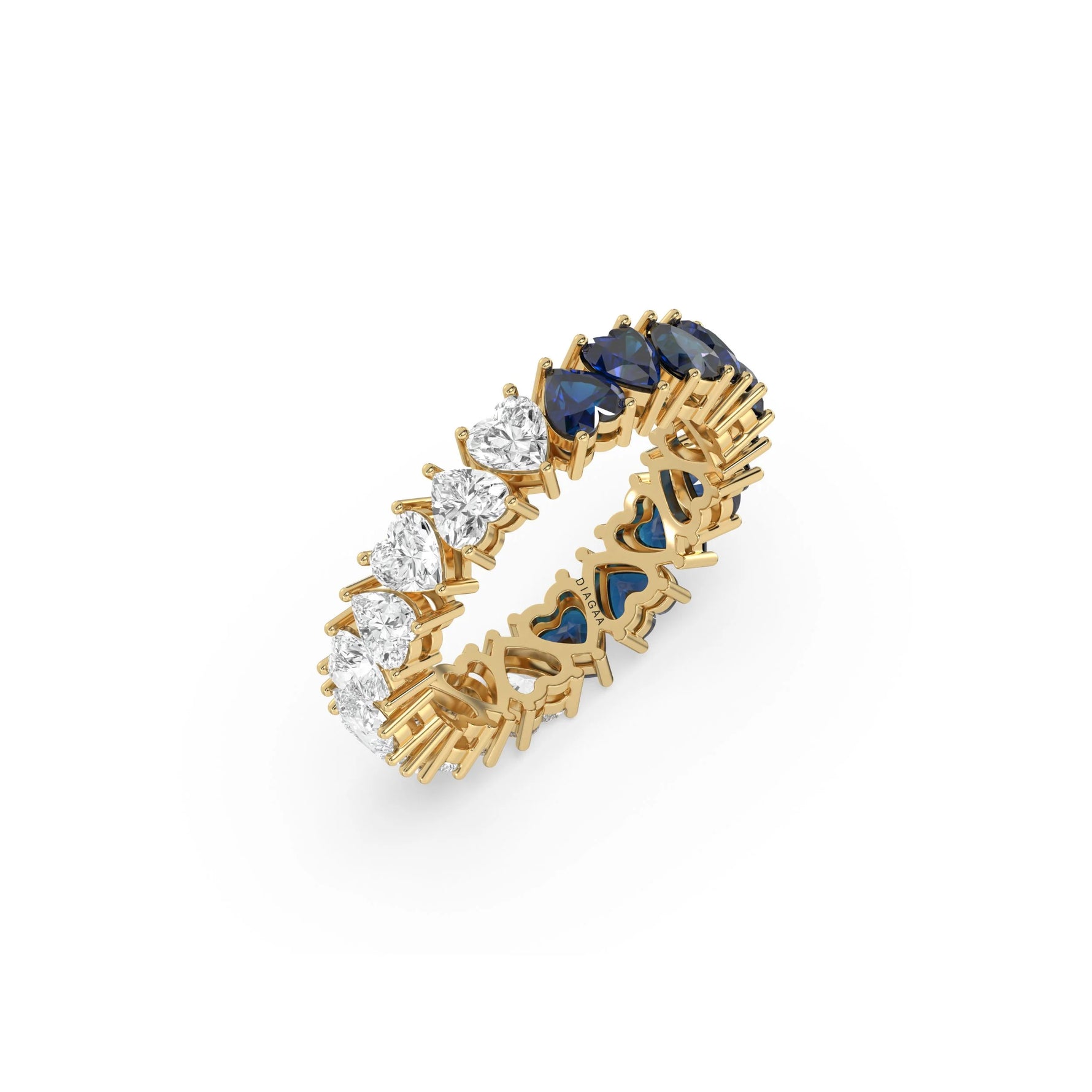 14K Yellow Gold Heart Sapphire Gemstone and Diamond Eternity Ring
