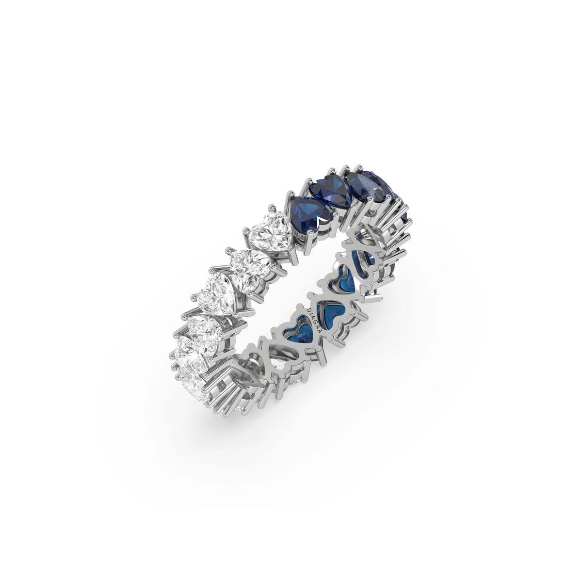 14K White Gold Heart Sapphire Gemstone and Diamond Eternity Ring