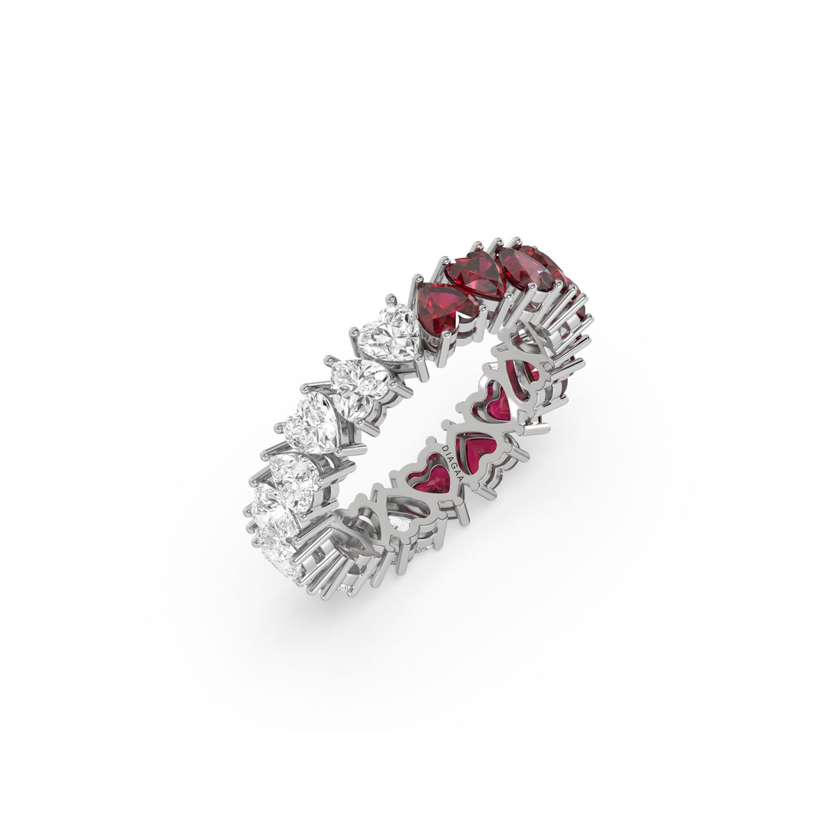 14K White Gold Heart Ruby Gemstone and Diamond Eternity Ring