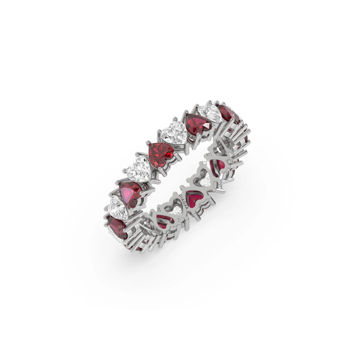 14K White Gold Heart Ruby Gemstone and Diamond Eternity Ring