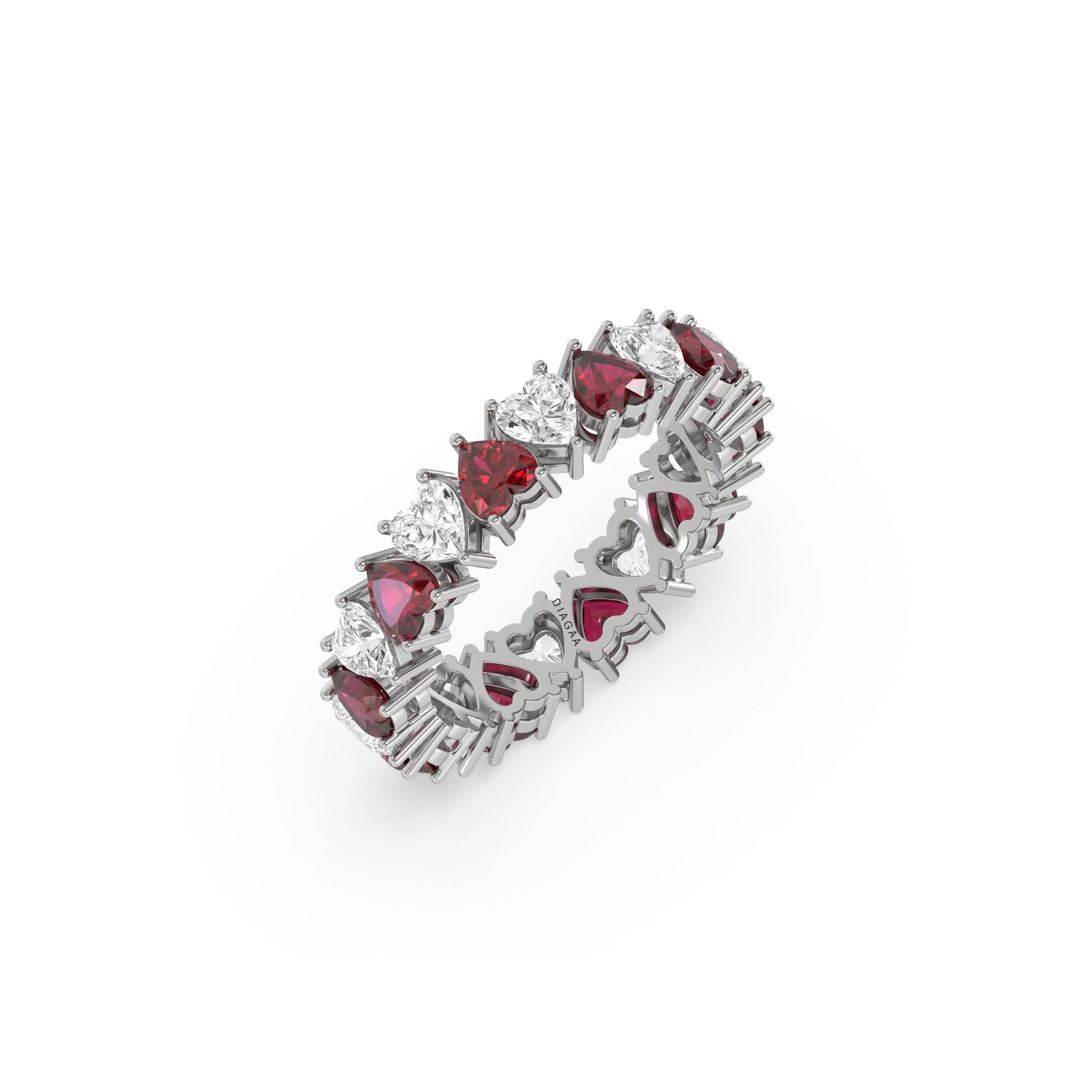 14K White Gold Heart Ruby Gemstone and Diamond Eternity Ring