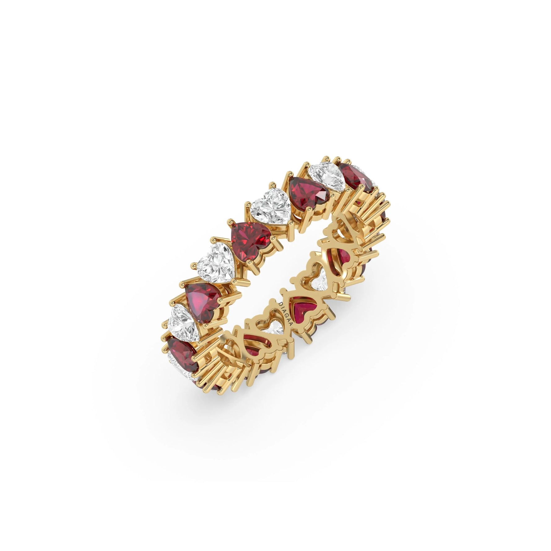 14K Yellow Gold Heart Ruby Gemstone and Diamond Eternity Ring