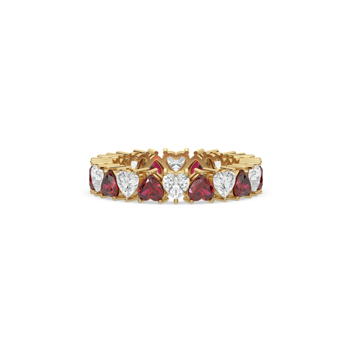 18K Yellow Gold Heart Ruby Gemstone and Diamond Eternity Ring