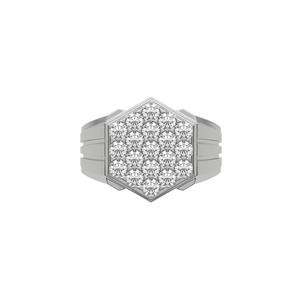 This white gold Diamond hexagon cluster ring showcases solid gold and round brilliant-cut diamonds arranged in a stunning hexagonal formation, secured elegantly in prong settings in top view