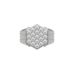 This white gold Diamond hexagon cluster ring showcases solid gold and round brilliant-cut diamonds arranged in a stunning hexagonal formation, secured elegantly in prong settings in top view