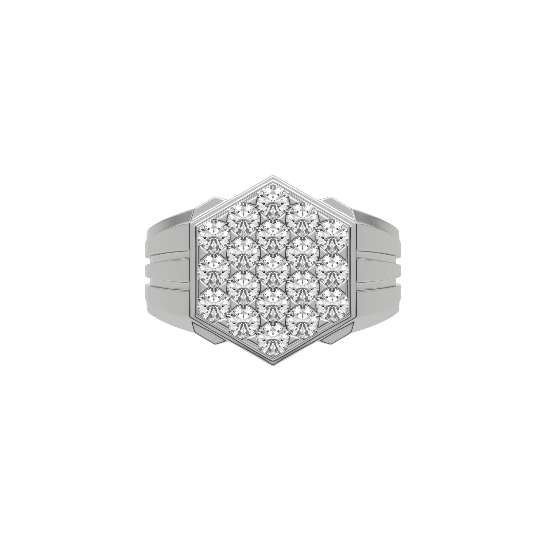 This white gold Diamond hexagon cluster ring showcases solid gold and round brilliant-cut diamonds arranged in a stunning hexagonal formation, secured elegantly in prong settings in top view