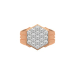 This rose gold Diamond hexagon cluster ring showcases solid gold and round brilliant-cut diamonds arranged in a stunning hexagonal formation, secured elegantly in prong settings in top view