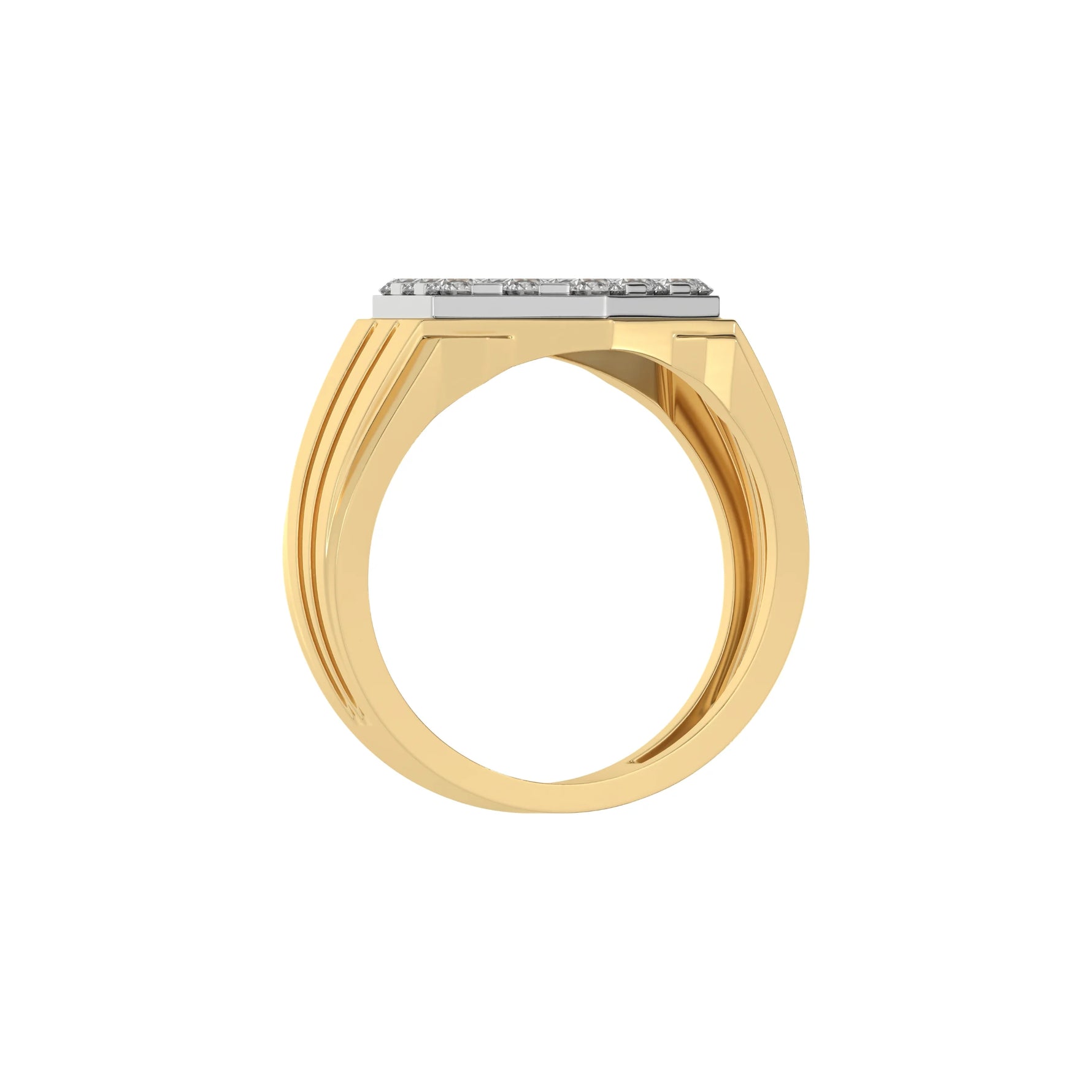 This yellow gold Diamond hexagon cluster ring showcases solid gold and round brilliant-cut diamonds arranged in a stunning hexagonal formation, secured elegantly in prong settings in through finger view