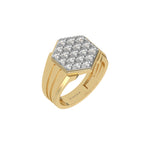 This yellow gold Diamond hexagon cluster ring showcases solid gold and round brilliant-cut diamonds arranged in a stunning hexagonal formation, secured elegantly in prong settings in 3d view