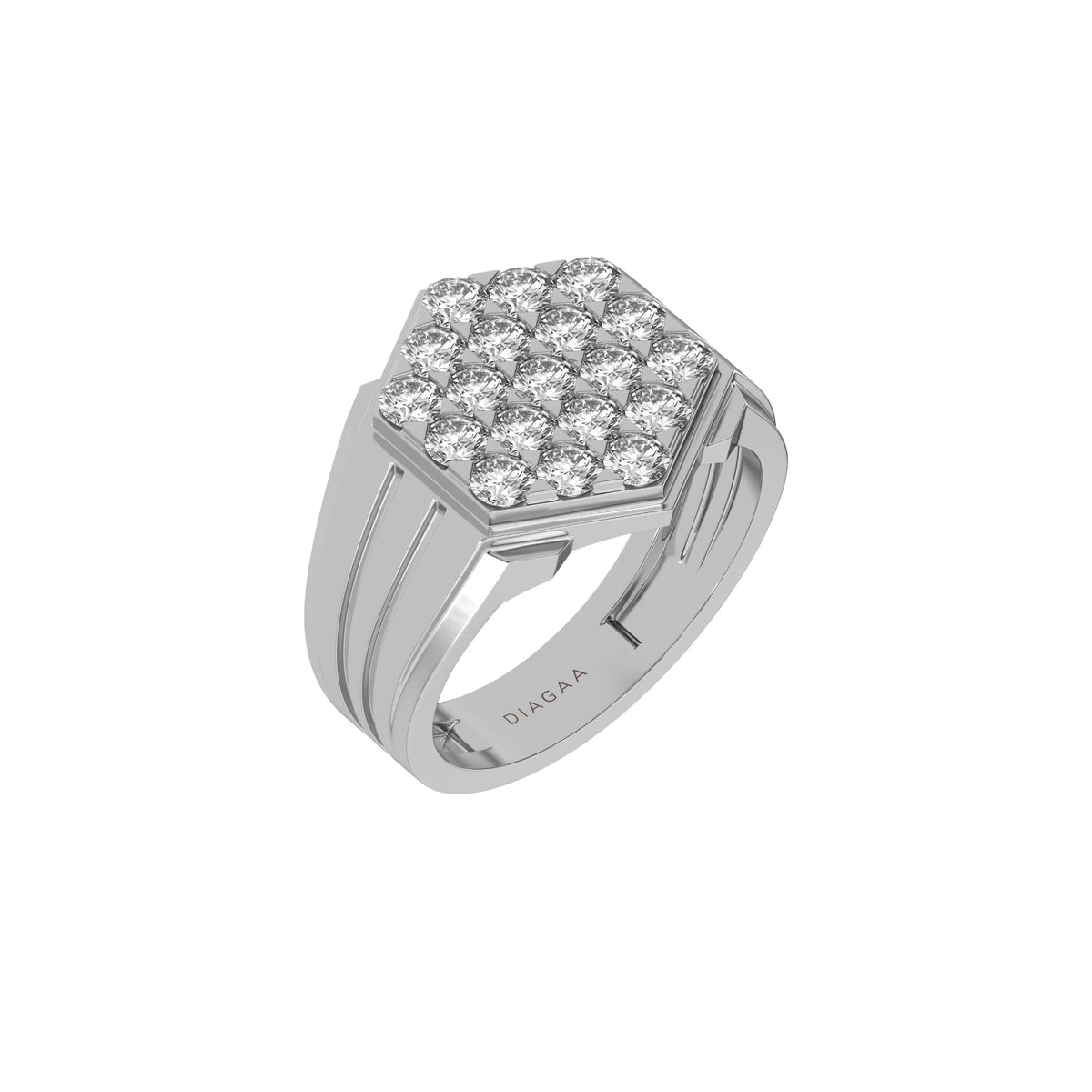 This white gold Diamond hexagon cluster ring showcases solid gold and round brilliant-cut diamonds arranged in a stunning hexagonal formation, secured elegantly in prong settings in 3d view