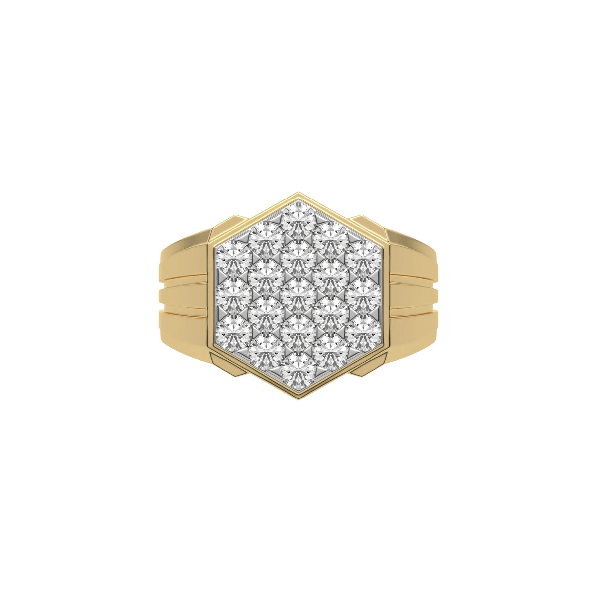 This yellow gold Diamond hexagon cluster ring showcases solid gold and round brilliant-cut diamonds arranged in a stunning hexagonal formation, secured elegantly in prong settings in top view