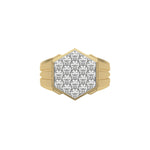 This yellow gold Diamond hexagon cluster ring showcases solid gold and round brilliant-cut diamonds arranged in a stunning hexagonal formation, secured elegantly in prong settings in top view