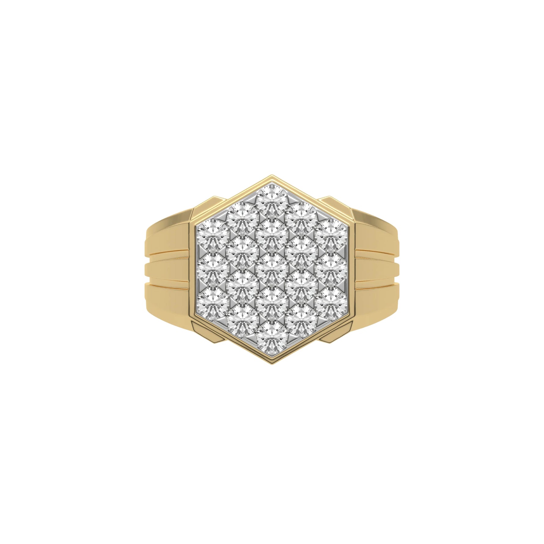 This yellow gold Diamond hexagon cluster ring showcases solid gold and round brilliant-cut diamonds arranged in a stunning hexagonal formation, secured elegantly in prong settings in top view