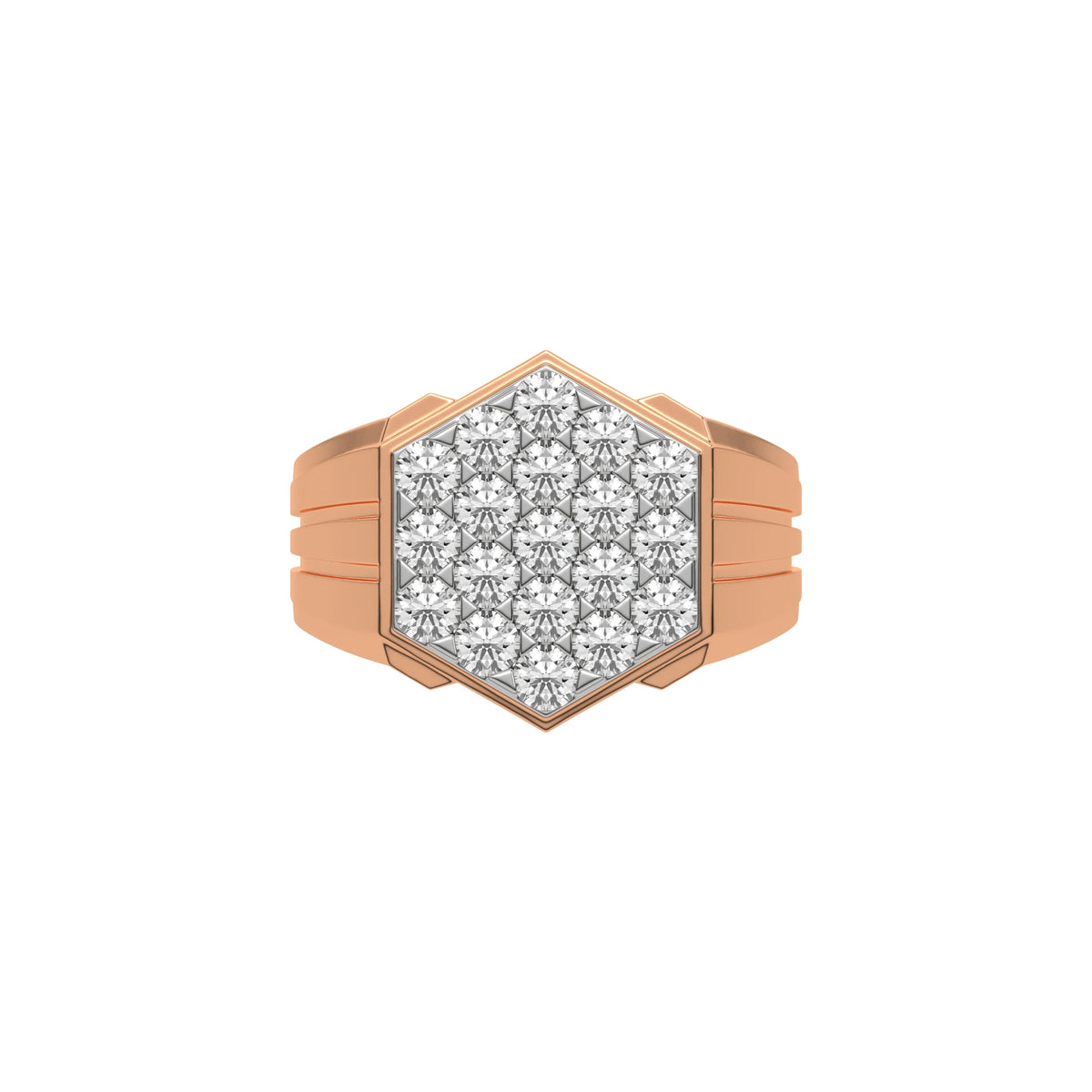 This rose gold Diamond hexagon cluster ring showcases solid gold and round brilliant-cut diamonds arranged in a stunning hexagonal formation, secured elegantly in prong settings in top view