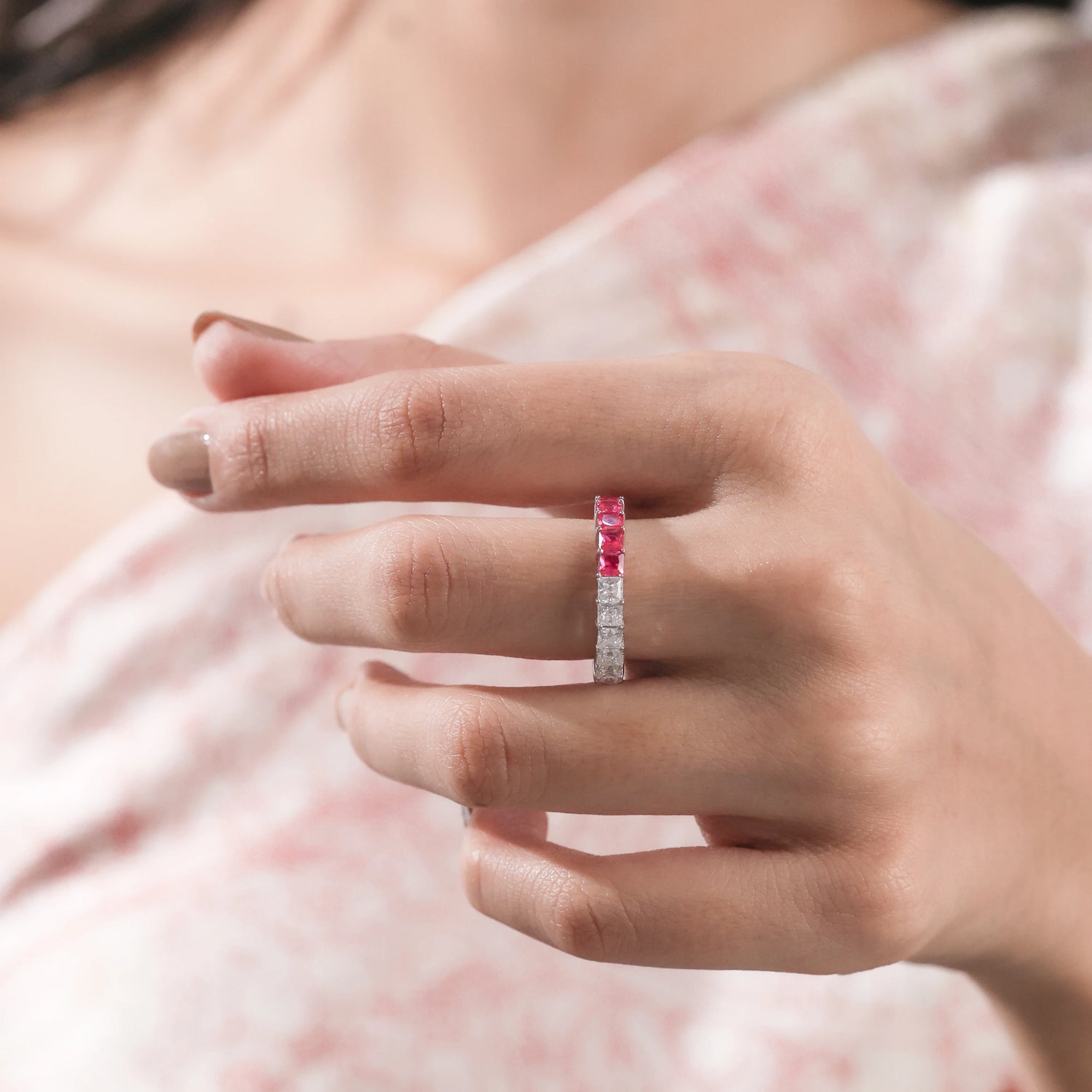 4.18 CT Princess Half Lab Diamond and Half Lab Ruby Full  Eternity Ring