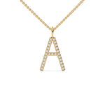 This yellow gold pendant features the letter "A" made with round diamonds in pave setting in top view