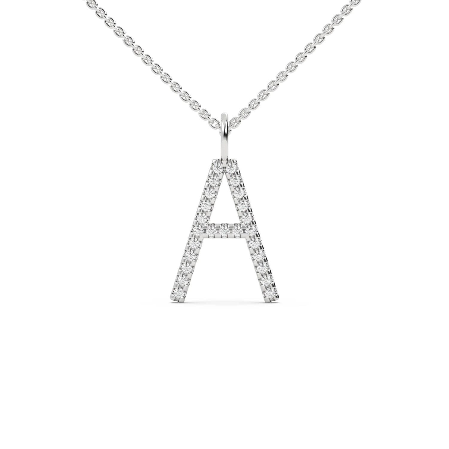 This white gold pendant features the letter "A" made with round diamonds in pave setting in top view