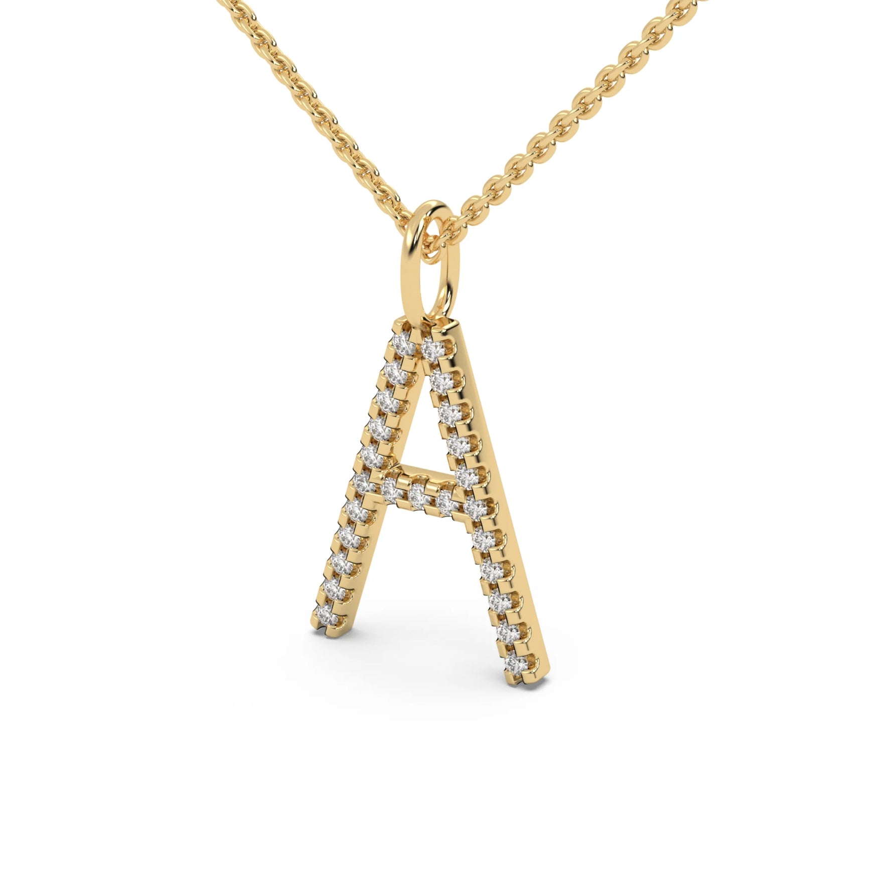 This yellow gold pendant features the letter "A" made with round diamonds in pave setting in side view