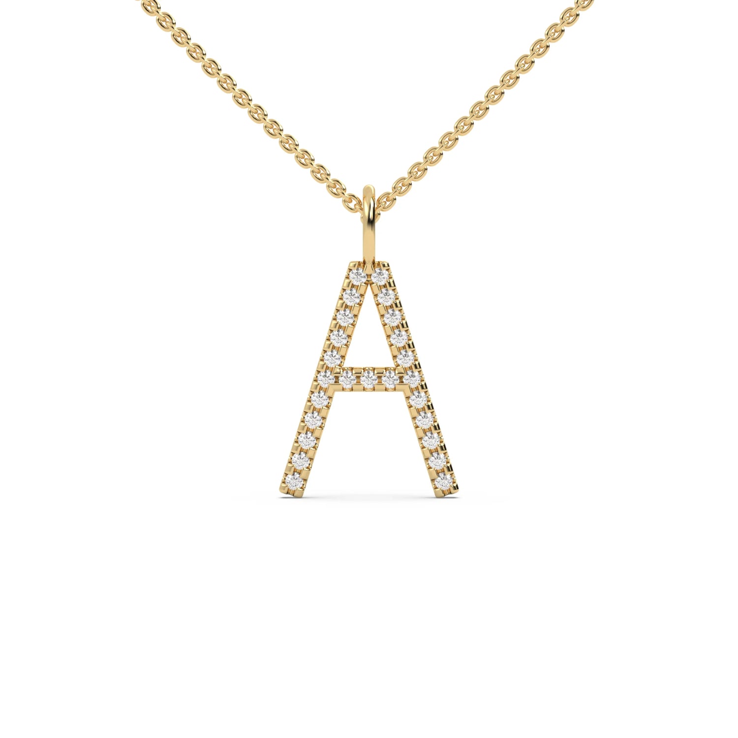 This yellow gold pendant features the letter "A" made with round diamonds in pave setting in top view