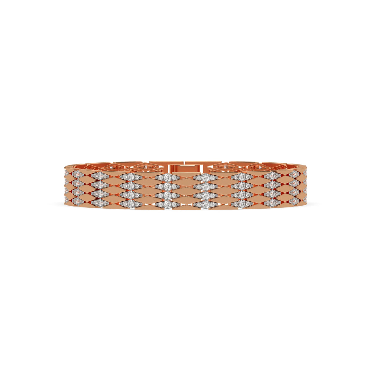 This rose gold Diamond link bracelet features 4.35 CT of round cut diamonds set in a prong setting in top view