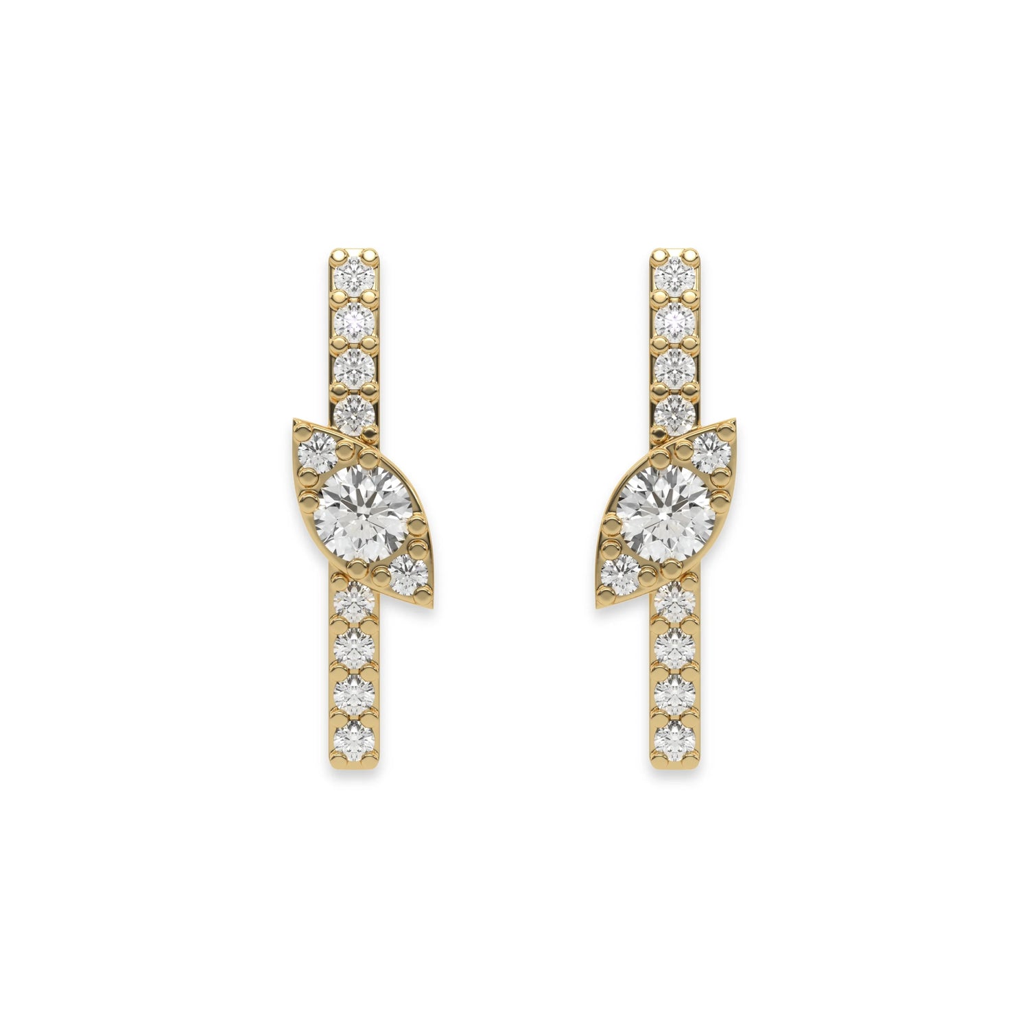 This yellow gold Bar Diamond Earrings made with small round brilliant-cut diamonds in pave setting in top view