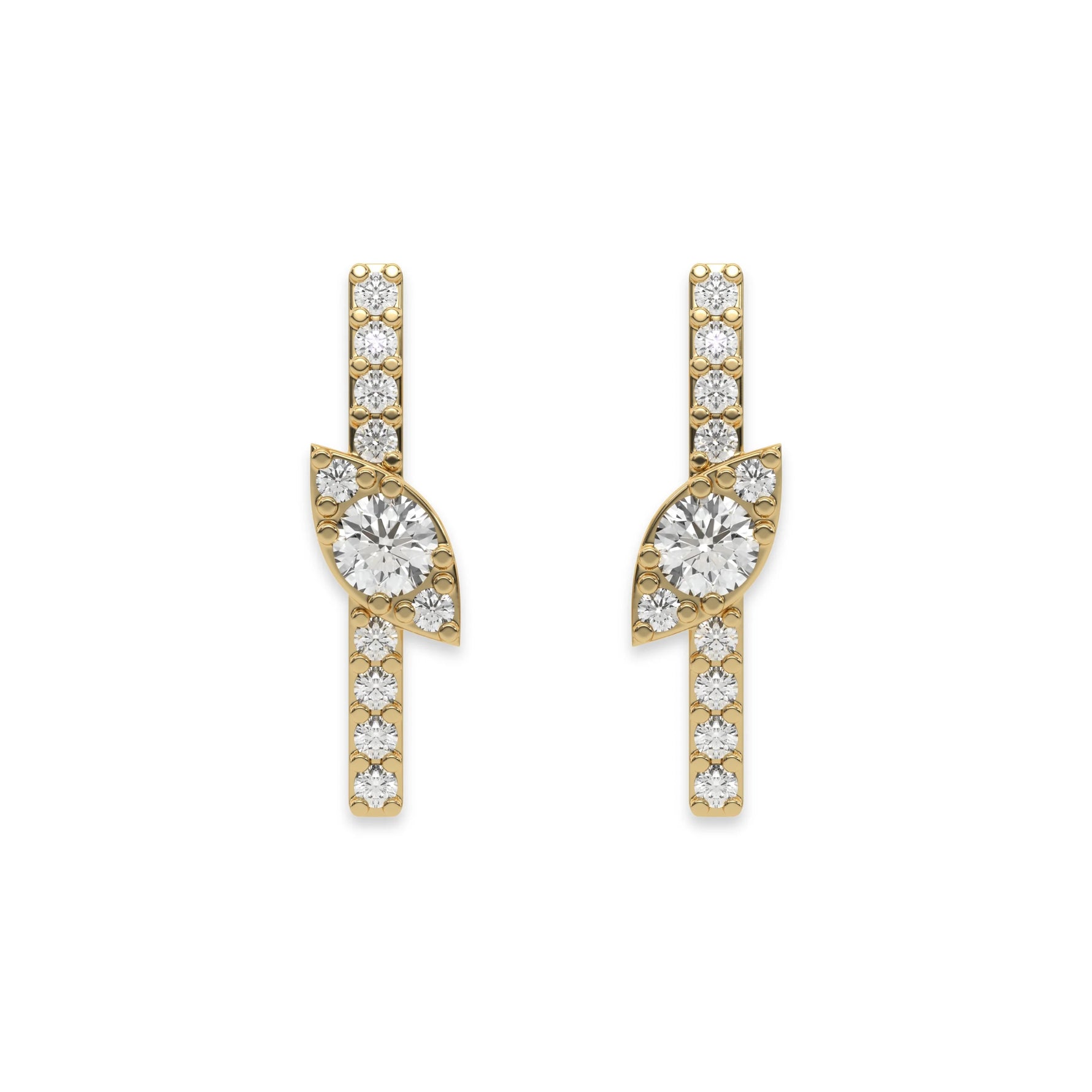 This yellow gold Bar Diamond Earrings made with small round brilliant-cut diamonds in pave setting in top view