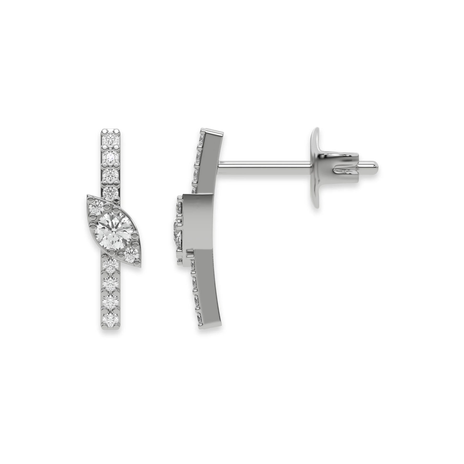 This white gold Bar Diamond Earrings made with small round brilliant-cut diamonds in pave setting in top view and side view