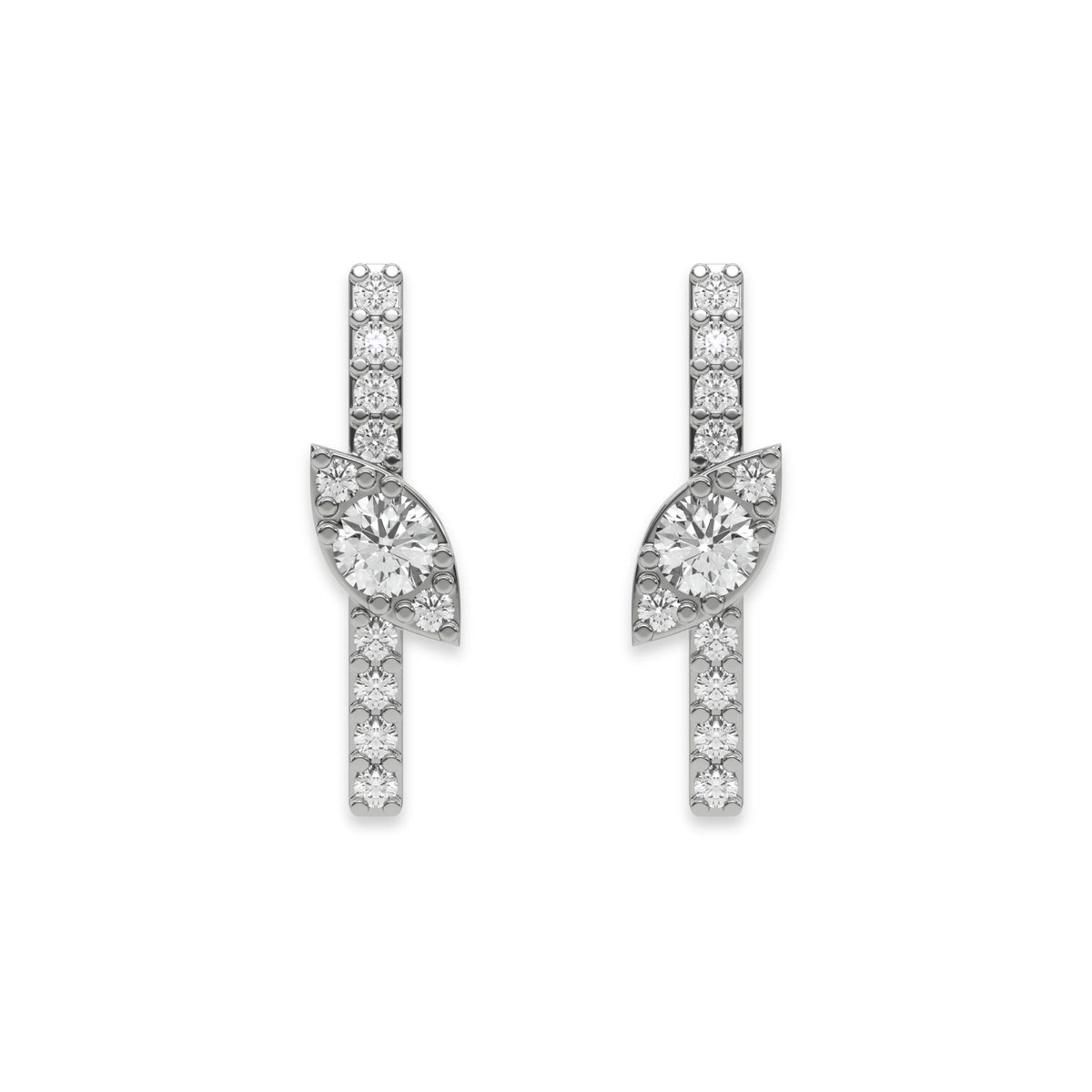 Pair of vertical bar studs in yellow gold featuring a marquise cluster accent and a prong-set round diamond stud earring design with sparkling stones with a white background.