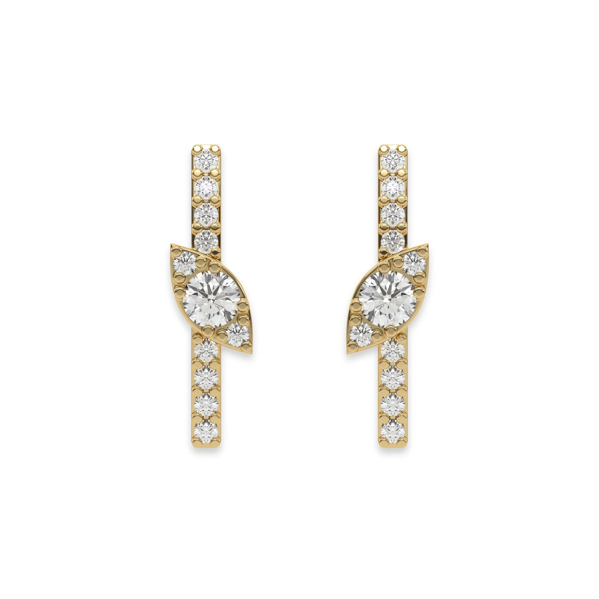 Pair of vertical bar studs in yellow gold featuring a marquise cluster accent and a prong-set round diamond stud earring design with sparkling stones with a white background.