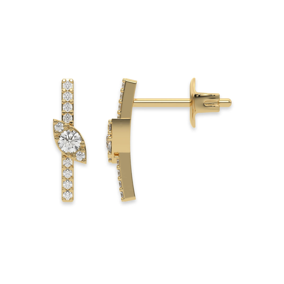 Front and side profile view of a prong-set round diamond stud earring set in yellow gold, featuring a vertical bar and marquise cluster accent with post back.